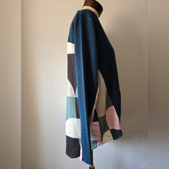 FOIL Blue Merino Wool Blend Sweater with Chiffon Pastel Multicolor Back. Medium - Picture 3 of 9